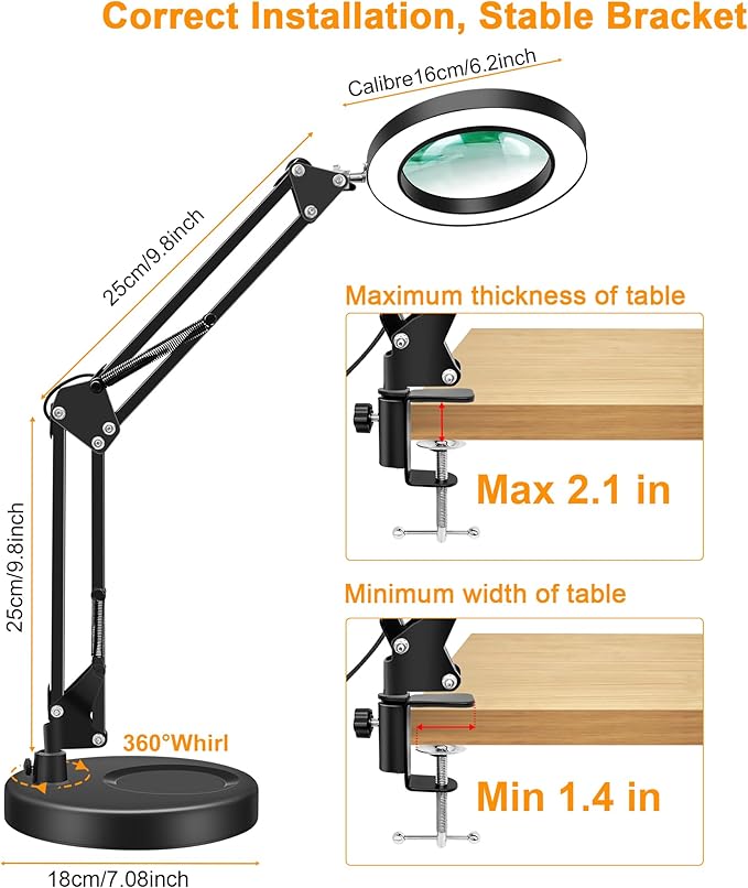 10X Magnifying Glass with Light and Stand, Magnifier with Light Hands Free, 3 Color Modes 10 Level Dimmable, Magnifying Real Glass LED Desk Lamp for Close Work, Repair, Reading, Craft, Black