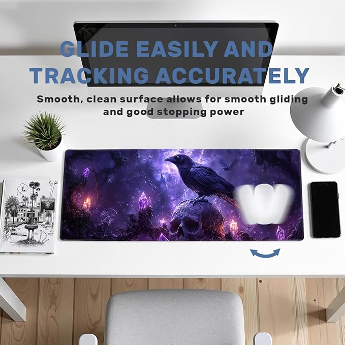 Mystic Crow Desk Mat Gaming Large Mouse Pad Amethyst Flame Skull Enchanted Night Mousepads Computer Keyboard Pad Mouse Mat Laptop Mat 31.5 x 11.8 Mouse Pads for Desk Home Office Gaming