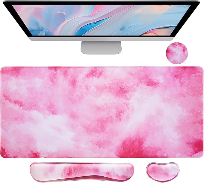 Bloss Clouds Mouse Pad and Keyboard Wrist Rest, 4-in-1 Desk Mat, Cute Desk Pad Easy Typing & Comfort, Desk Decor for Women Girls-Pink Clouds (35.4 x 15.7 Inches)