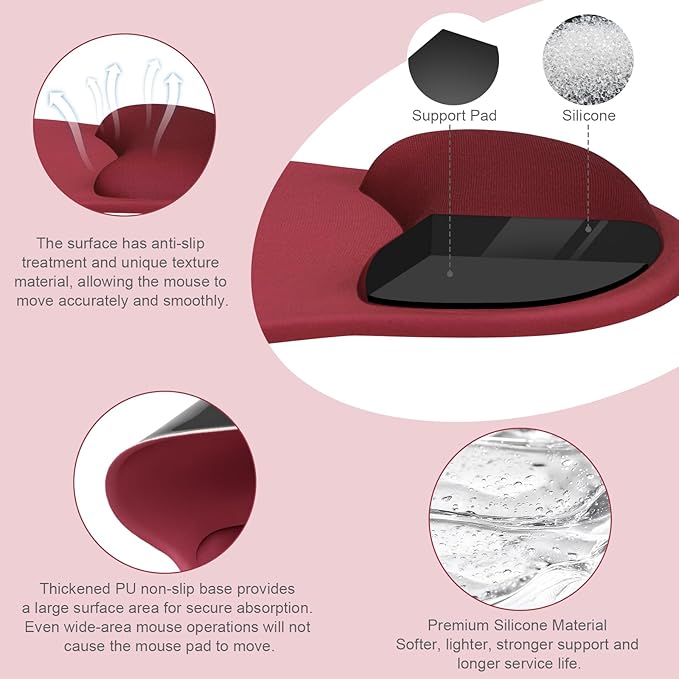 MOSISO Wrist Rest Support for Mouse Pad&Keyboard Set, Circle Curved Ergonomic Mousepad&Coaster Non-Slip Base Home/Office Wrist Support&Easy Typing Pad with Soft Cloth&Silicone Lining, Wine Red