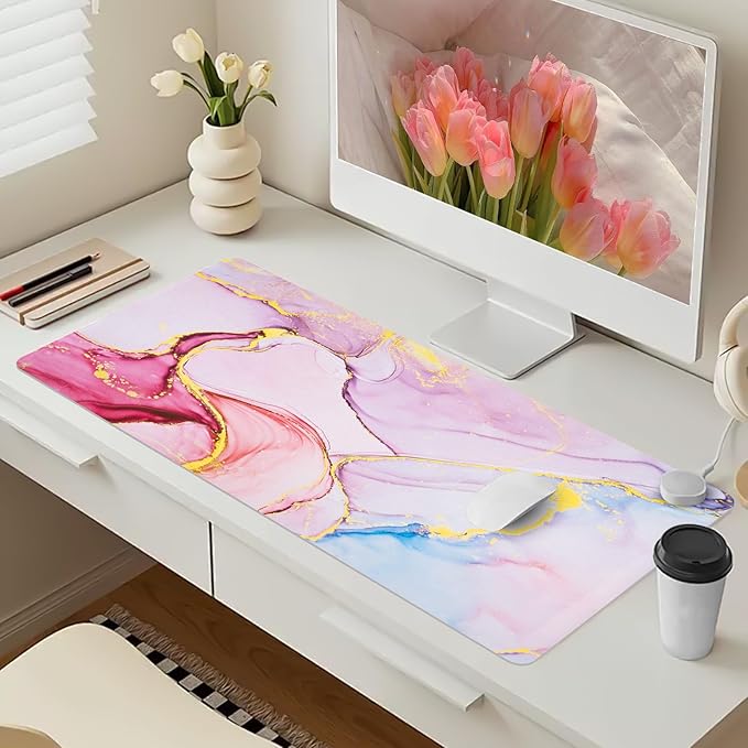 Bloss Desk Mat, Waterproof Leather Large Mouse Pad, Desk Matt for Desktop, Computer Mat for Office Work/Home/Decor/Protector(Pink Marble, 31.5 x 15.7 Inches)