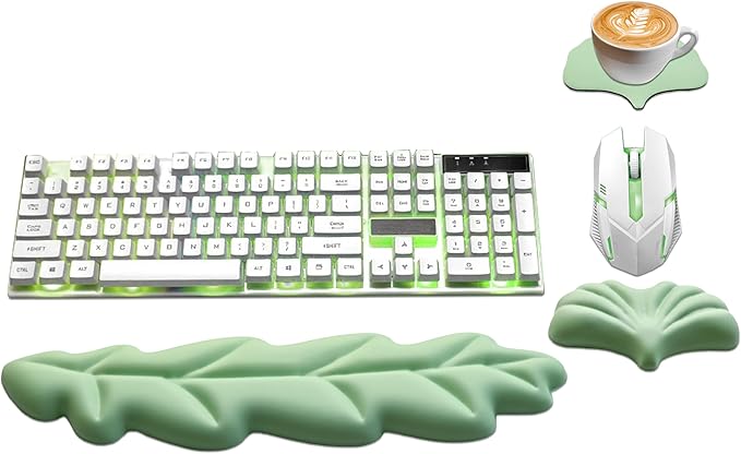Ergonomic Keyboard Wrist Rest, Leaf Shape PU Leather Memory Foam Wrist Support for Computer Keyboard, Keyboard Pad and Cute Mouse Wrist Pad for Gaming,Office,Computer,Typing, Pastel Green