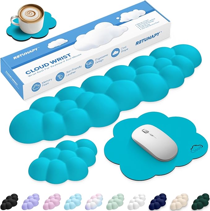 Cloud Wrist Rest Keyboard Cushion, 4-in-1 Ergonomic Cloud Keyboard Wrist Rest and Mouse Pad Set with Memory Foam Arm Support for Palm, Cute Desk Accessory for PC Gaming Setup, Scuba Blue