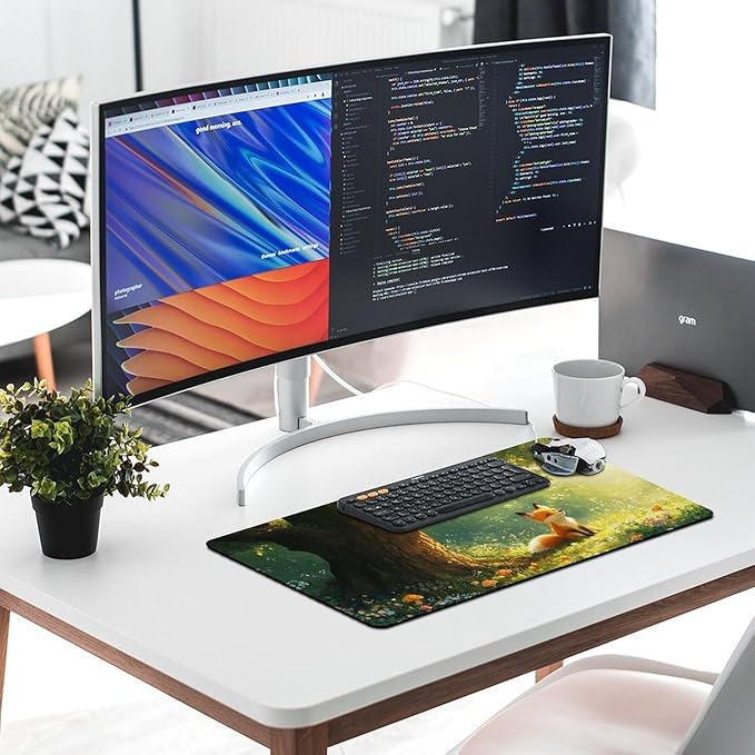 Cute Fox Mouse Pad, Large Extended Desk Mat 40×75cm (16''×30''), Forest Animal Gaming Mousepad with Non-Slip Rubber Base, Stitched Edges, Water-Resistant for Office Home