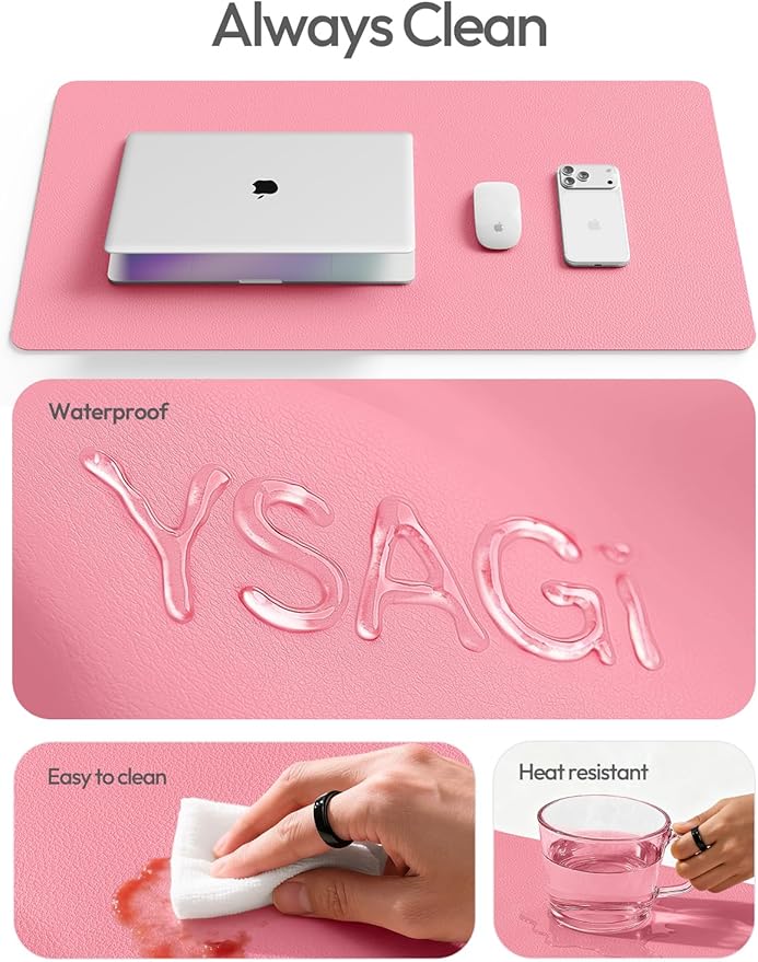 YSAGi Leather Desk Pad Protector, Office Desk Mat, Large Mouse Pad, Non-Slip PU Leather Desk Blotter, Laptop Desk Pad, Waterproof Desk Writing Pad for Office and Home (Pink, 47" x 17")