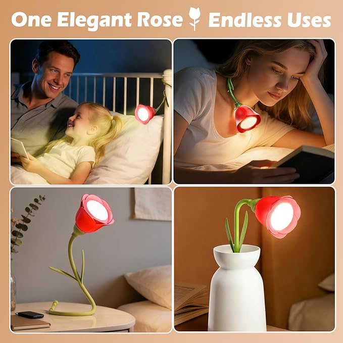 Rose Flower Lamp Rechargeable Reading Light for Bed,3-Color Modes Adjustable Brightness Small Night Light Neck Reading Light,Festival Gifts for Kids Mom Girlfriend Grandma(Red)
