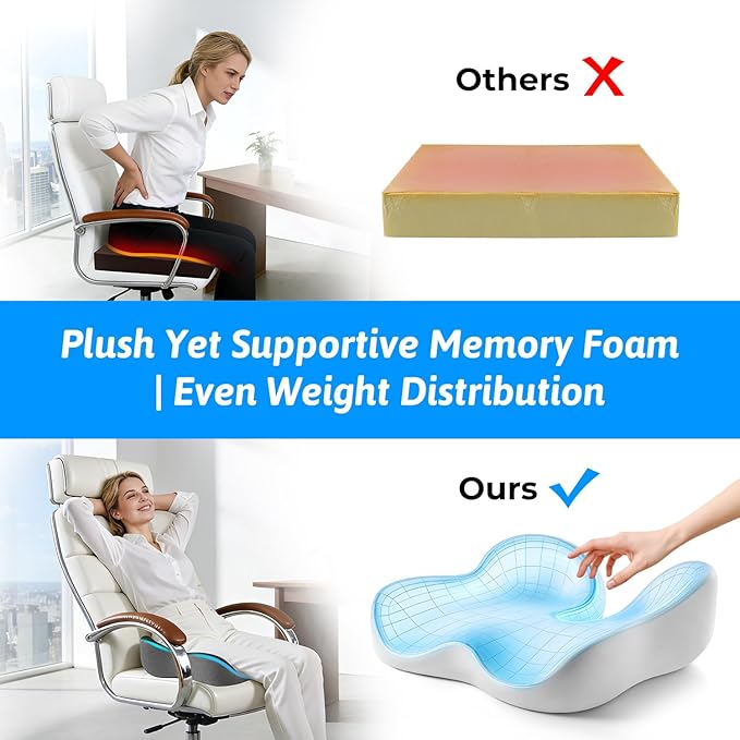 Seat Cushion for Tailbone & Sciatica Support - Plush Yet Supportive Ergonomic Memory Foam Chair Cushions for Office Chair, Car, Wheelchair, Airplane & Long Sitting