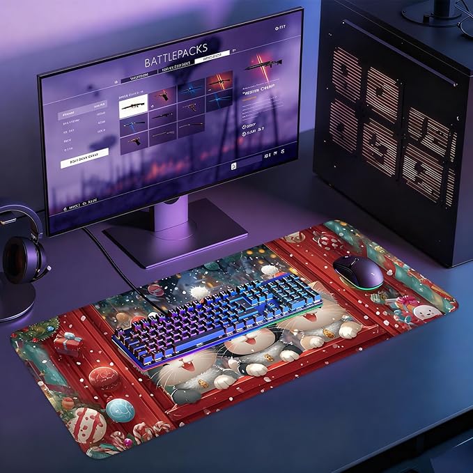 Desk Mat, XXL Extended Gaming Pad for Desktop, 31x12 Inches Cats in Santa Hats at Window, Large Non-Slip Vegan Leather Keyboard Mouse Mat for Home Office