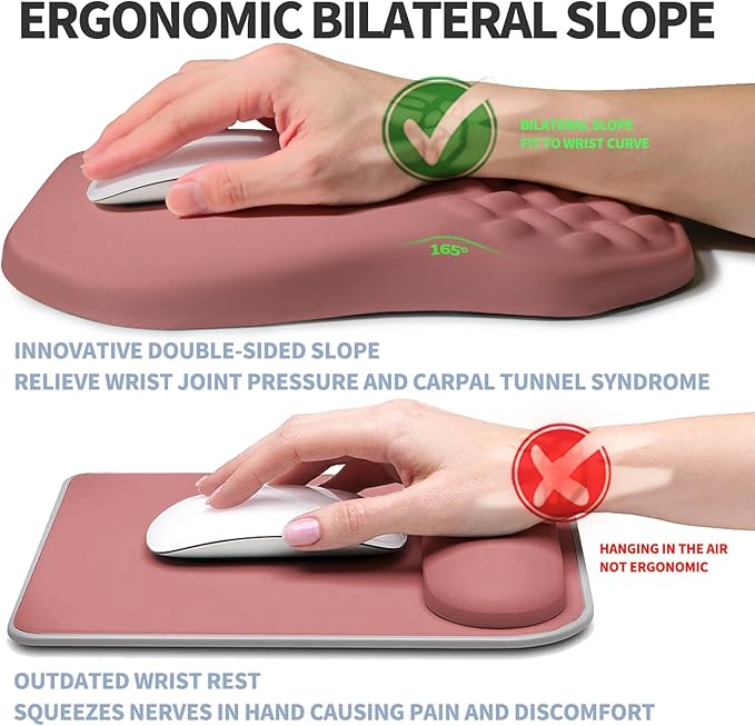 Ergonomic Raised Mouse Pad Wrist Support with Bilateral Slope Memory Foam Mousepad for Wrist Rest and Carpal Tunnel 11.8x7.9〃 Salmon Pink