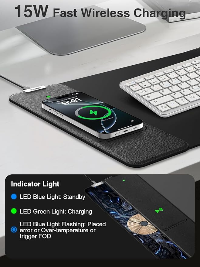 2-in-1 Mouse Pad with Wireless Charging, Gaming Mouse Pad, 31.5"x11.8" Large Desk Mat for Laptop/Keyboard, Waterproof Smooth Surface, Non-Slip Base, No Adapter