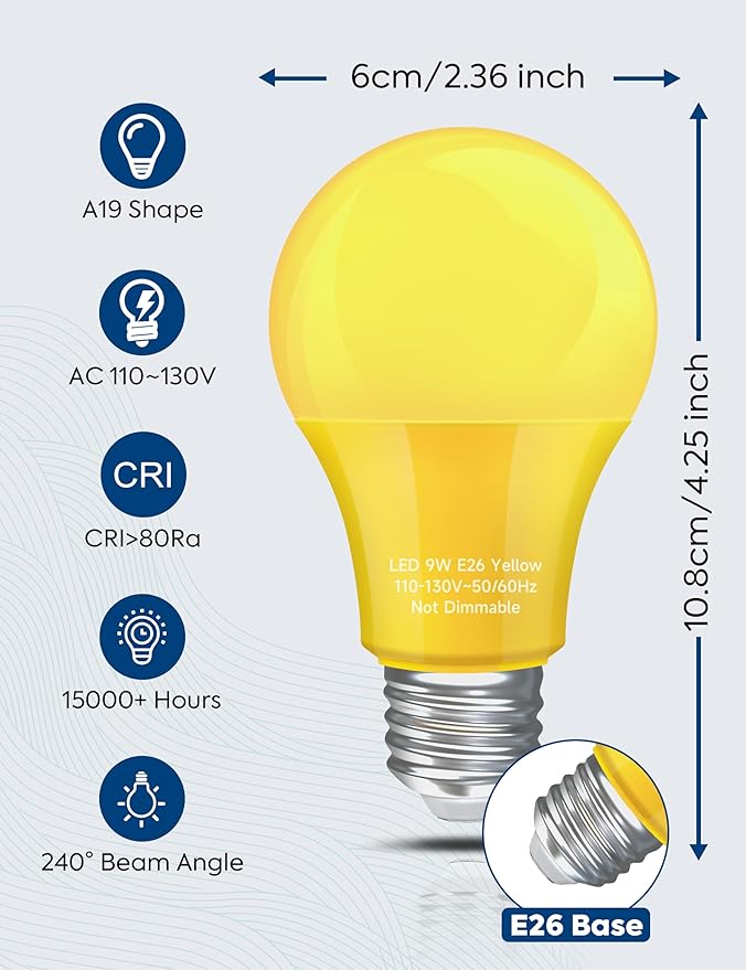 Yellow Bug Light Bulbs Outdoor, A19 LED Lights 9W, (60W to 100W Equivalent), Amber Yellow, Not-dimmable, E26 Base Bulb for Outside, Nursery, Sleep, Porch Garage, 4 Pack