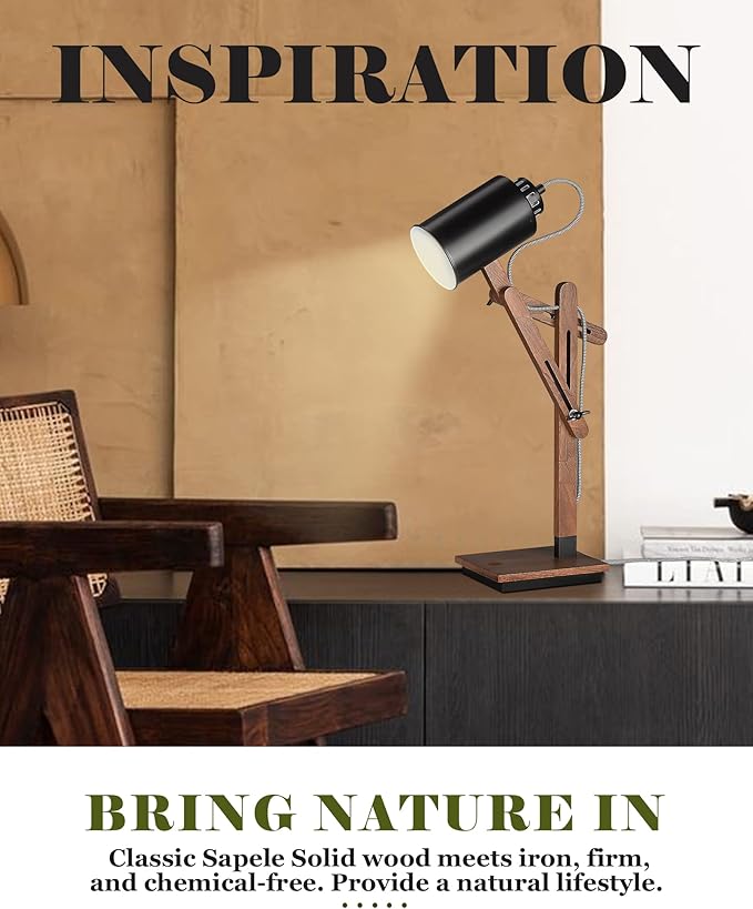 ELYONA Touch Control Desk Lamp with Wireless Charging & USB Port, Sapele Wood Reading Task Light,Adjustable, Swing Arm Table Lamp for Bedroom, Study Work, Office, Dorm, LED Bulb Included, Black