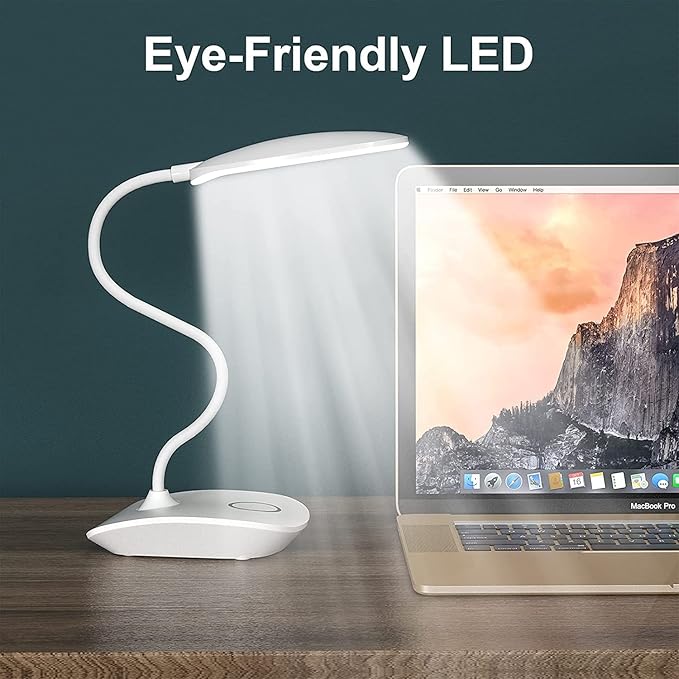 DEEPLITE Battery Operated Desk Lamp, LED Desk Light 3 Lighting Modes Stepless Dimming, Table Lamp 5W Touch Control Eye Caring, Flexible Gooseneck, Portable Reading Light for Dorm Study Office Bedroom