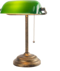 FIRVRE Bankers Desk Lamp with Pull Chain Switch, Green Glass Shade Desk Lamps, E26 Bronze Base, Vintage Library Lamp for Office, Study Room
