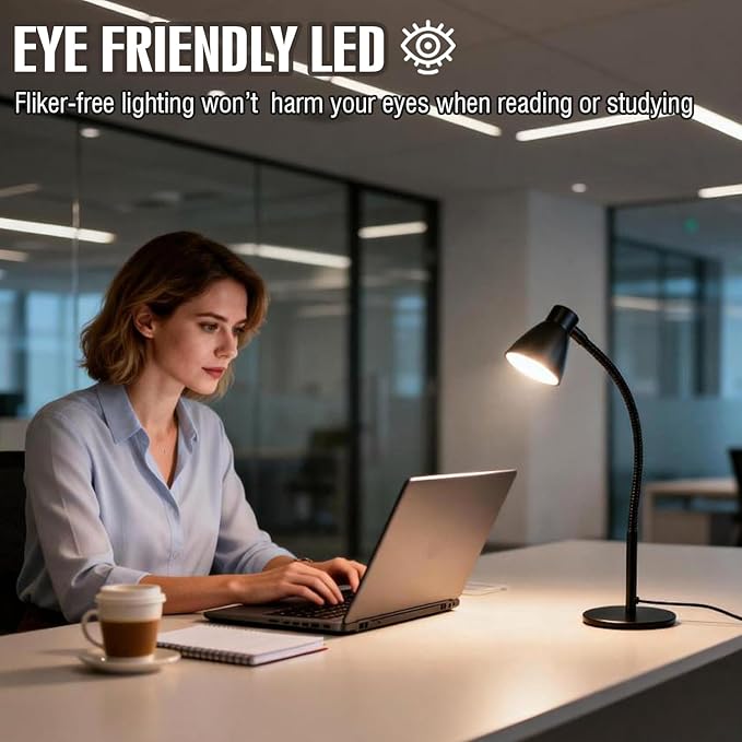 LED Desk Lamp for Home Office, CRI 90+ Eye-Caring Reading Light, Small Desk Light with Flexible Goose Neck, Perfect for Study Desk (Adapter Included)