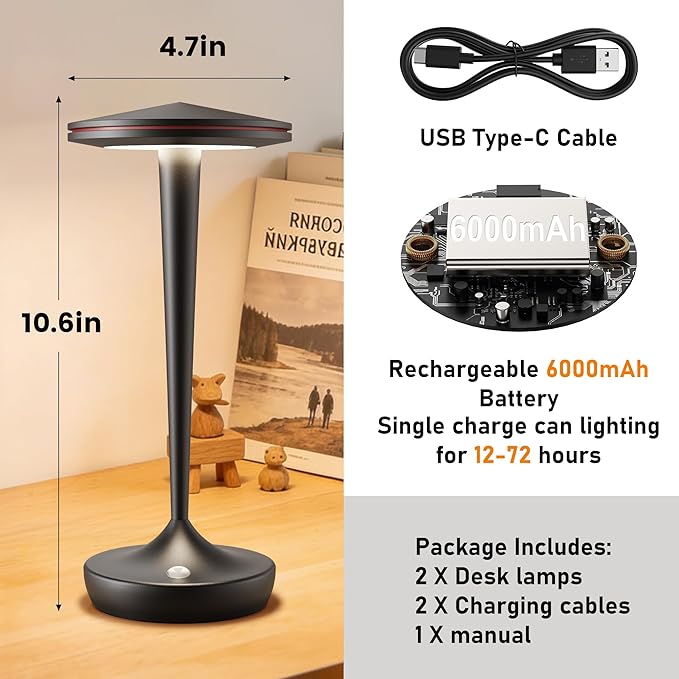 YHT 2Pack CordlessTable Lamps Rechargeable, 6000mAh Battery Portable LED Touch Led Table Lamp, 3-Color Stepless Dimming & Memory Function, for Outdoor, Dinning, Patio, Restaurant, Kitchen (2 Black)