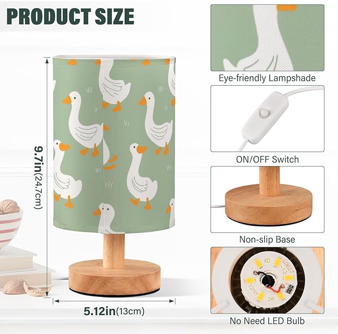 Green Duck LED Table Lamp, Bedside Lamp with Linen Lampshade, Flicker-Free Eye Care USB Plug in Nightstand Lamp, for Bedroom and Office