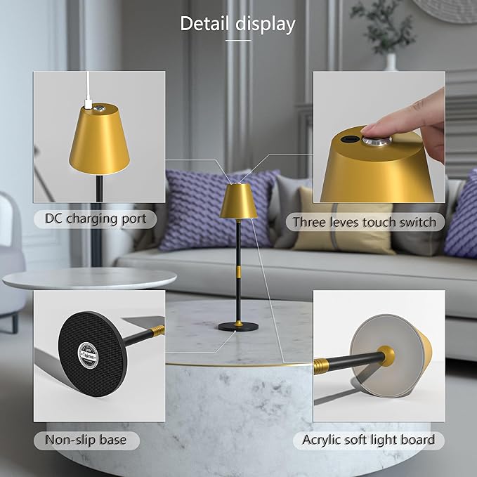 1-Pack Cordless Table Lamps - 5000mAh Rechargeable Battery Operated Desk Lamp, 3-Level Dimmable LED Night Light for Bedroom, Dining, Restaurant - Metal Design(Gold&Black-1Pack)