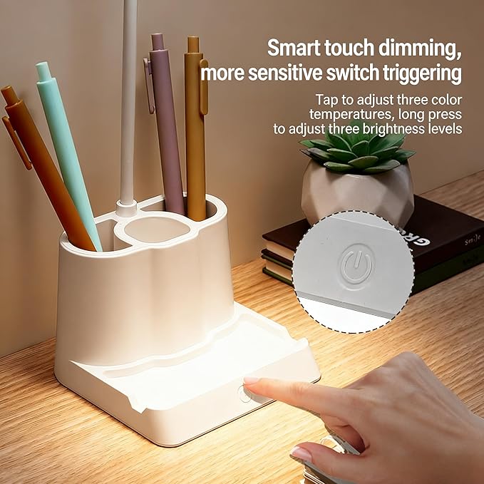 LED Desk Lamp for Home Office, 360° Rotating Gooseneck Small Table Lamp with USB Charging Port, Eye-Care Reading Dimmable Desk Light with Pen Phone Holder, 12 Colored Pencils, White