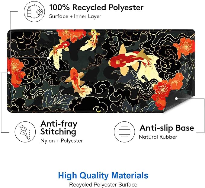 IMAYONDIA Japanese Koi Desk Mat (35.4x15.7 in), Extended Large Gaming Mouse Pad, Long Desk Pad with Stitched Edge, Black Gold Mouse Mat Desk Pad Office Accessories Decor Gift