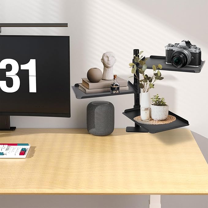 FAHKNS 3-Tier Clamp on Desk Shelf - Multifunctional Desk Clamp Shelf，Ergonomics Metal Desk Extension for Home/Office/Game Room，Tabletop Book Storage Rack，Desktop Thickness 0.4-2.2”