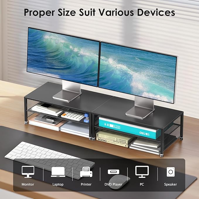 2-Tier Computer Monitor Stand Riser, Desk Organizer for Monitor, Printer & Laptop Stand, Desktop Workspace Organizers for Office Supplies(Black 2-Pack)