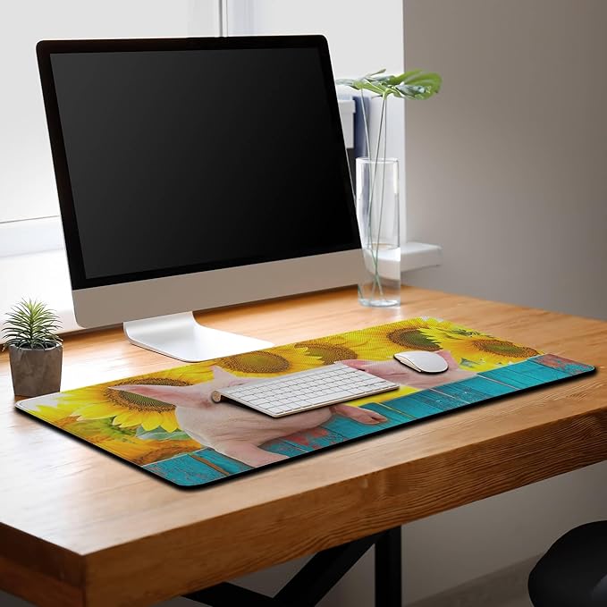 Keyboard Mat Yellow Blue Long Mouse Pad, Computer Mat Large Desk Pads, Big Desk Mat Non-Slip Rubber Base, 35.4 X 15.7 inch for Work/Game/Office/Home Funny Pig Hanging on A Fence. Studio Photo.