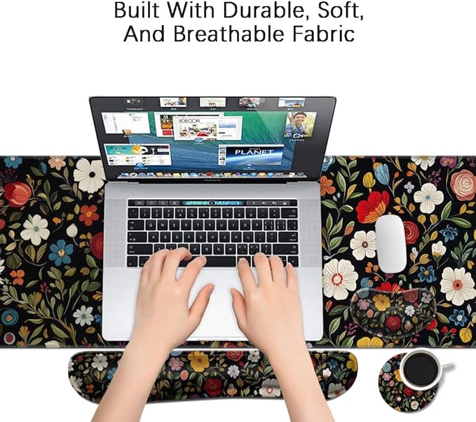 MIBITRI Keyboard Mouse Pad Set, Extended Gaming Mouse Pad+Ergonomics Keyboard Wrist Rest Support, Memory Foam, Easy Typing, 4Pcs XXL Ultra Thick Desk Mat, Red Florals
