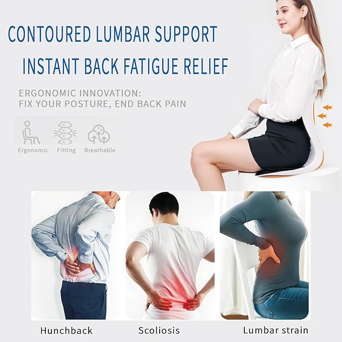 Ergonomic Back Support for Office Chair Cushion with Lumbar Pillow - Posture Corrector for Desk Chairs, Comfortable Memory Foam Seat Cushion for Lower Back & Lumbar Support (Black)