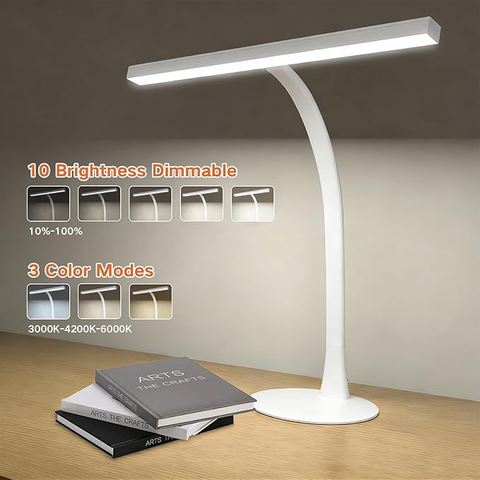LED Desk Lamp for Home Office, 360° Flexible Gooseneck Desk Light with 3 Color Modes & 10 Brightness, Eye-Caring Adjustable Task Light for for Piano, Computer, Workbench, 10W, 1000LM (White)