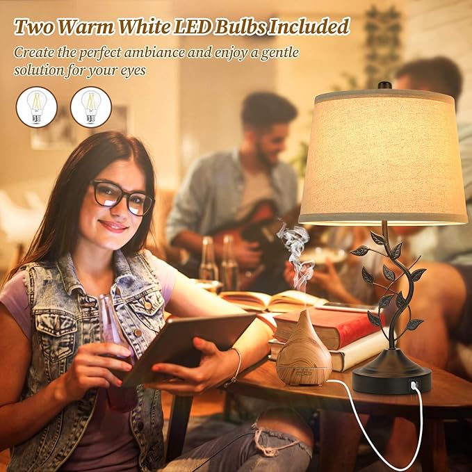 3-Way Dimmable Touch Table Lamps for Living Room Set of 2 Traditional Lamps for Bedroom with 2 USB Charging Ports Bedside Nightstand Lamps for Reading Retro Vine Lamps End Table Office, Bulbs Included