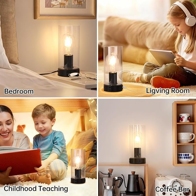 Bedside Table lamp for Bedroom -Touch Lamp with USB-A+C Charging Ports & AC Outlet. Nightstand Lamp with Black Base Glass. Stepless Dimming Small Lamp for Bedroom, Dorm, Office, Kids Room, Living Room