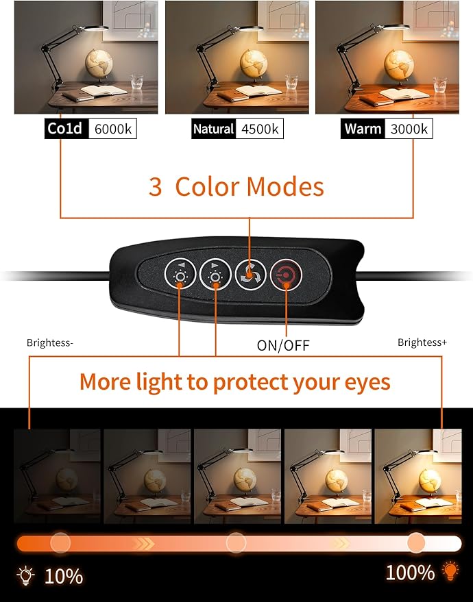 10X Magnifier Lamp with Clamp, 15" Adjustable Arm LED Desk Light with Real Glass Lens, 3 Color Modes, Bright Dimmable Lighting for Repair, Model Painting, Sewing, Reading