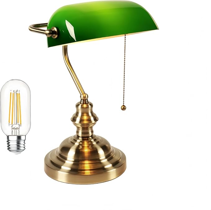 FIRVRE Green Glass Bankers Desk Lamp, Antique Desk Lamps with Brass Base, Traditional Library Lamp with Pull Chain, Vintage Desk Lamp for Office, Study Room (Bulb Included)