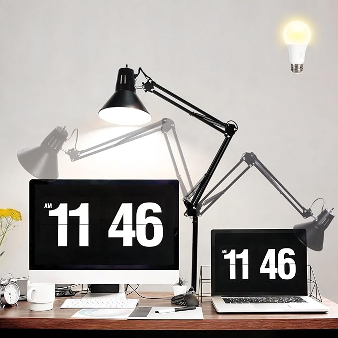 LED Desk Lamp With Clamp for Home Office, Eye-Caring Clip on Light with Adjustable Extra Tall Metal Swing Arm, High Intensity Clamp w/A19 E26 Bulb for Working Reading, 3000k Table Lamps Warm Light