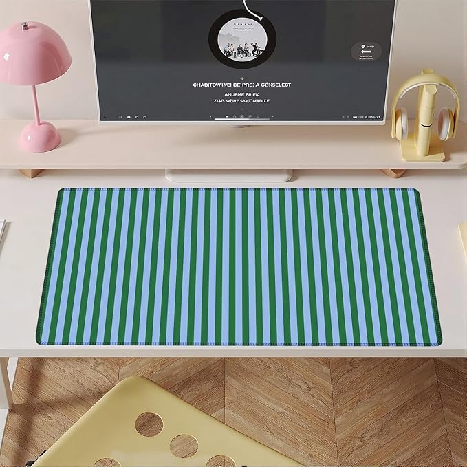 Green Teal Striped Desk Mat Cute Pastel XXL Large Gaming Mouse Pad Desk Pad Kawaii Aesthetic Home Office Decor Cozy Keyboard Laptop Computer Mat