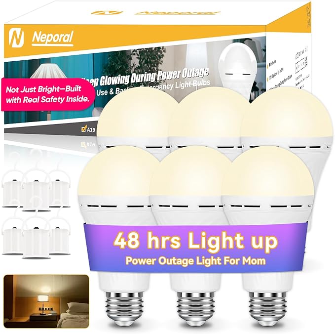 Neporal LITE Emergency Rechargeable Light Bulbs A19, Light Up to 48 hrs, Battery Operated Light Bulb, 5000K E26 LED Bulb, Emergency Lights for Home Power Failure (Soft White-6PK, 12, Watts)