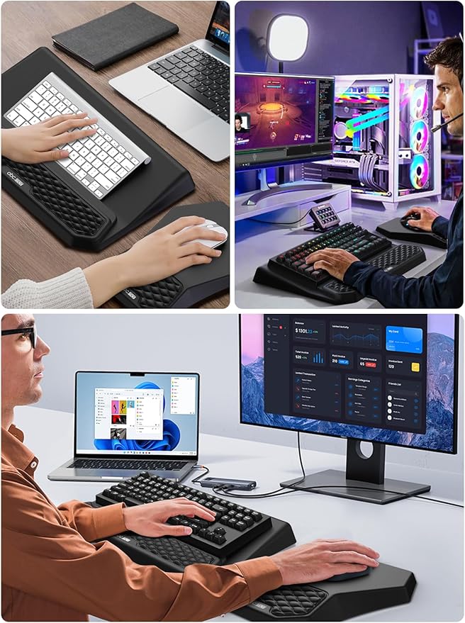 3-in-1 Ergonomic Keyboard Stand with Wrist Rest & Mouse Pad Set, Comfy Keyboard Riser Holder Soft Mousepad with Massage Design, Memory Foam and Non-Slip PU Base for Wrist Support, Black