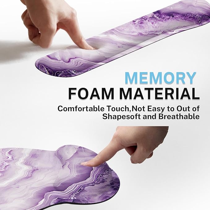 Britimes Purple Marble Gold Ergonomic Mouse Pad Set with Wrist Rest Non-Slip Rubber Base Wrist Cushion Support and Coasters Mousepad with Wrist Support for Computer Keyboard and Desk