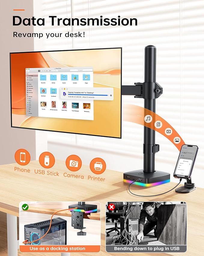 RGB Single Monitor Stand, Monitor Arm with 3 USB Ports, Charging and USB Data Transfer Function, Adjustable Desk Mount for 13"-27" Monitors up to 17.6lbs, VESA 75x75mm 100x100mm, Ergonomic Design