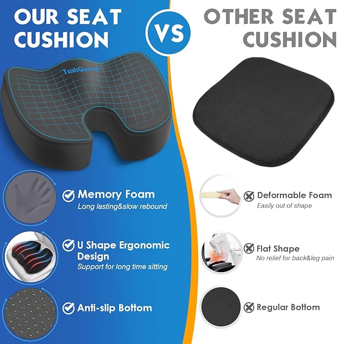 TushGuard Seat Cushion for Office Chair Memory Foam Non-Slip Cushion for Back, Coccyx & Tailbone Support, Ergonomic Butt Pillow for Office Chair, Car, Wheelchair, Grey, XX-Large