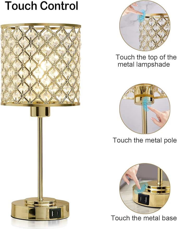 GyroVu Crystal Touch Control Table Lamp with USB-C+A Charging Ports, Dimmable Nightstand Lamp Set of 2 Crystal Decorative Bedside Lamps with Gold Elegant Shade for Bedroom Living Room, Bulbs Included