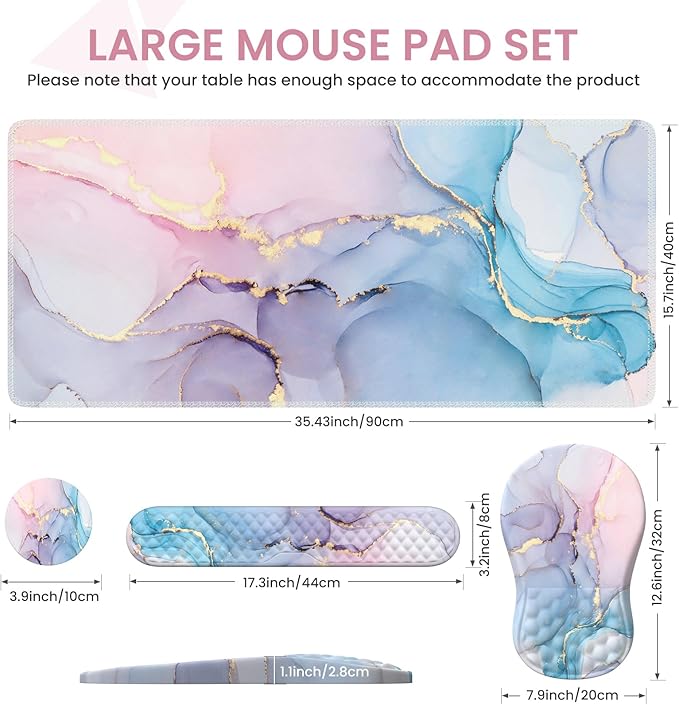 Desk Pad Mat, Large Mouse Pad with Wrist Rest, Ergonomic Keyboard and Mouse pad with Massage Design & Memory Foam, Computer Mouse Pad for Home Office Study Game, Pink Blue Marble