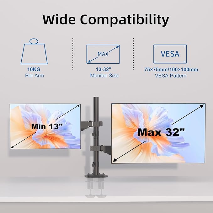 Suptek Dual Monitor Mount Stand-Height Adjustable Gas Spring Monitor Arm Desk Mount for 2 Computer Screens 17 to 32 inches - Each Arm Holds up to 22lbs (MD8822)