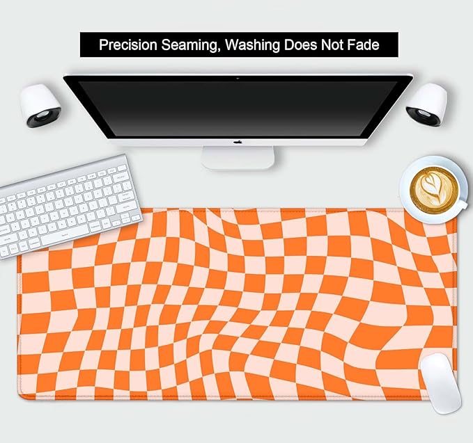 Orange Checkered Large Mouse Pad, Boho Pink Desk Mat Pad, Extended Kawaii Mousepad Stitched Edges Keyboard Mouse Mat, Desk Accessories for Women Office Gaming Decor, 35.4 x 15.7 in
