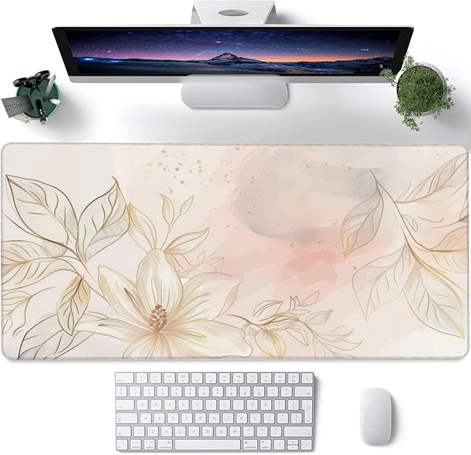 Desk Mat,Minimalist Flowers and Leaves Large Gaming Mouse Pad for Desk XXL,Golden Line Floral Desk Pad,Extended Big Computer Keyboard Mouse Pad with Non-Slip Base Stitched Edges 35.4"x15.7"
