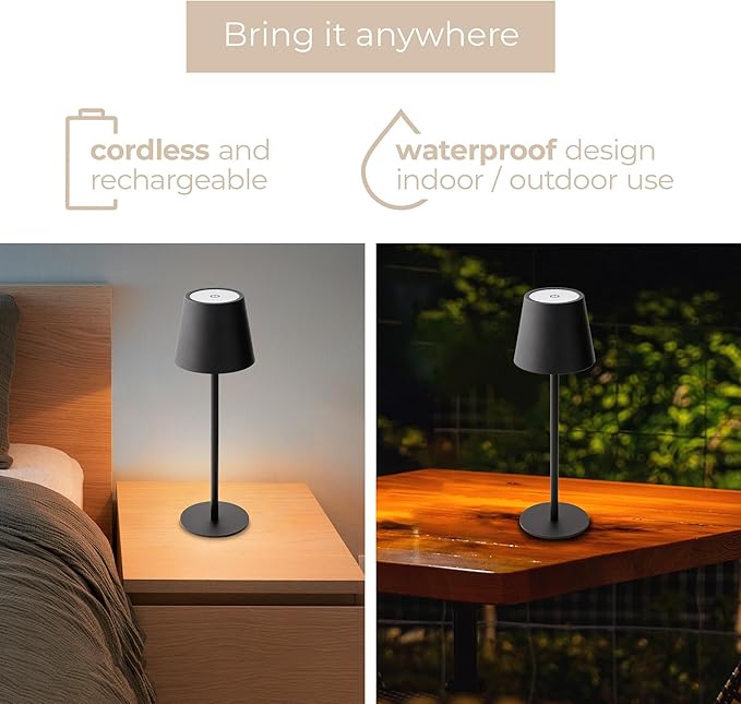 Versa LED Cordless USB-C Re-Chargeable Desk Lamp, 5200mAh Battery Operated with 3 Color Temperature 2700K-3000K-3500K and Fingertip Touch On/Off Plus Dimming with Two 5in Adj Height Stems in Black