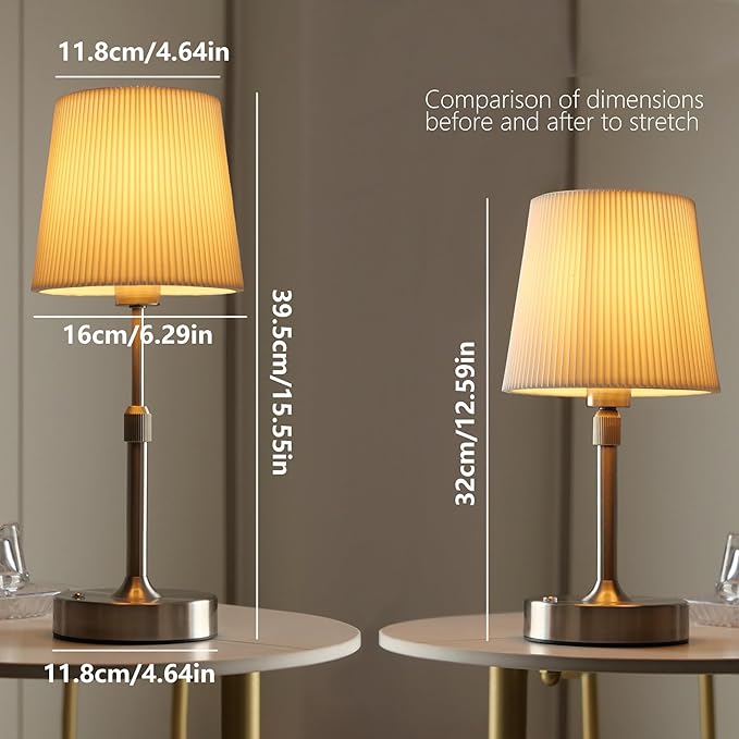 Cordless Touch Table Bedside Lamp, 12-15" Height Adjustable Dimmable Rechargeable Desk/Nightstand Lamp for Bedroom/Living Room/Kitchen/Dining/Home/Room Decor