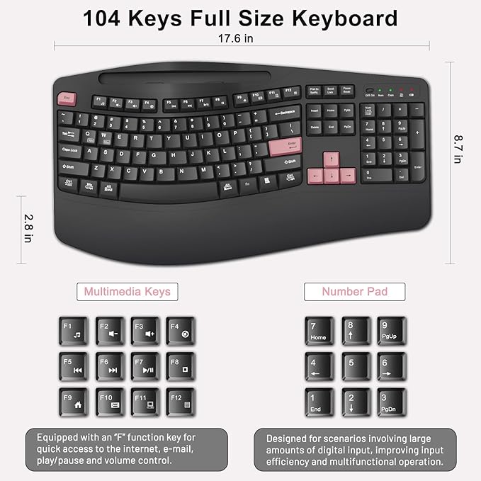 Wireless Keyboard and Mouse Combo, 2.4G Full Size Wave Keys Ergonomic Keyboard with Wrist Rest, Phone Holder, 3-Level DPI Wireless Silent Mouse with 6-Buttons, for Windows (Pink)