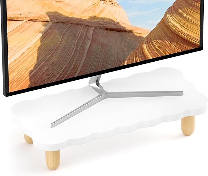 Monitor Stand Riser, Cookie-Shaped Sturdy Wood Computer Monitor Stand for Desk, Ergonomic Desk Stand, Multi-Purpose Desktop Organizer Riser for Computer, Laptop, Printer, TV, White